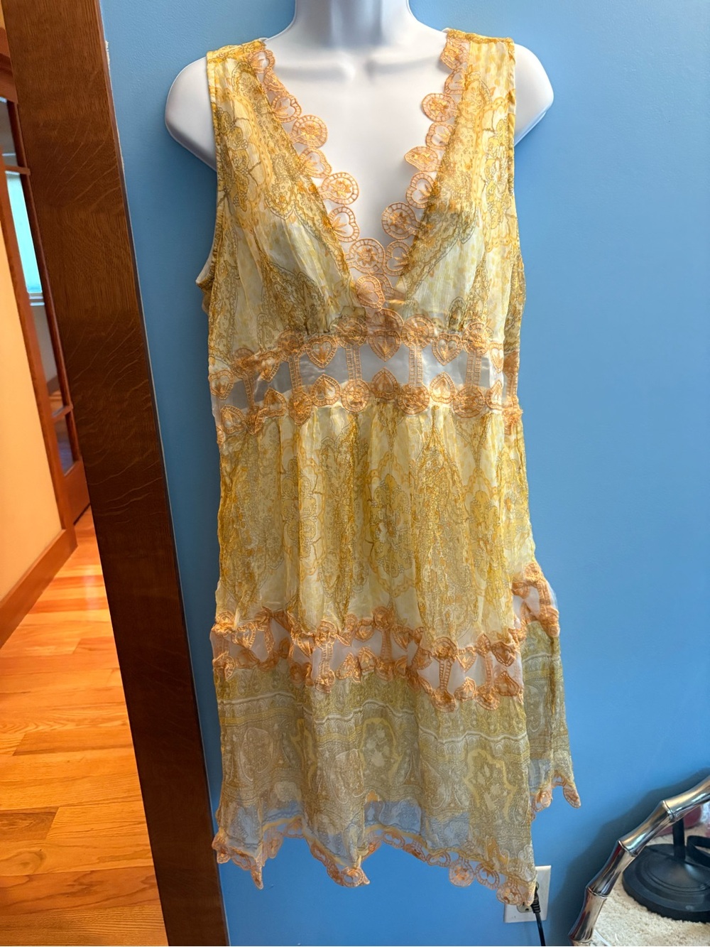 Vintage Boho Gold & Yellow Lace-Trim Paisley V-Neck Midi Dress Large